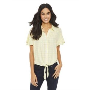 GEORGE Gingham Plaid Ruffle Blouse With Tie Front & Cap Sleeves Yellow Sz Large